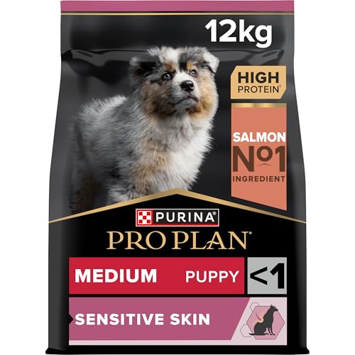 Purina Pro Plan Sensitive Skin Puppy Medium, Pienso para Perro Mediano, Cachorro, Junior, Bebé, Derma, Piel y Pelaje, comida seca con Salmón, 1 saco de 12kg
