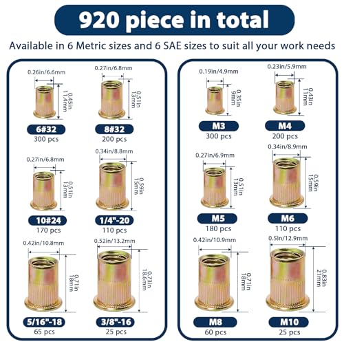 Image of Metric & SAE Rivet Nut Assortment Kit(920 Pcs), M3 M4 M5 M6 M8 M10#6-32#8-32#10-24 1 /4 inch-20 5 /16 inch-18 3 /8 inch-16 UNC Flat Head Rivnut Set, Zinc Plated Finish Carbon Steel Nutsert