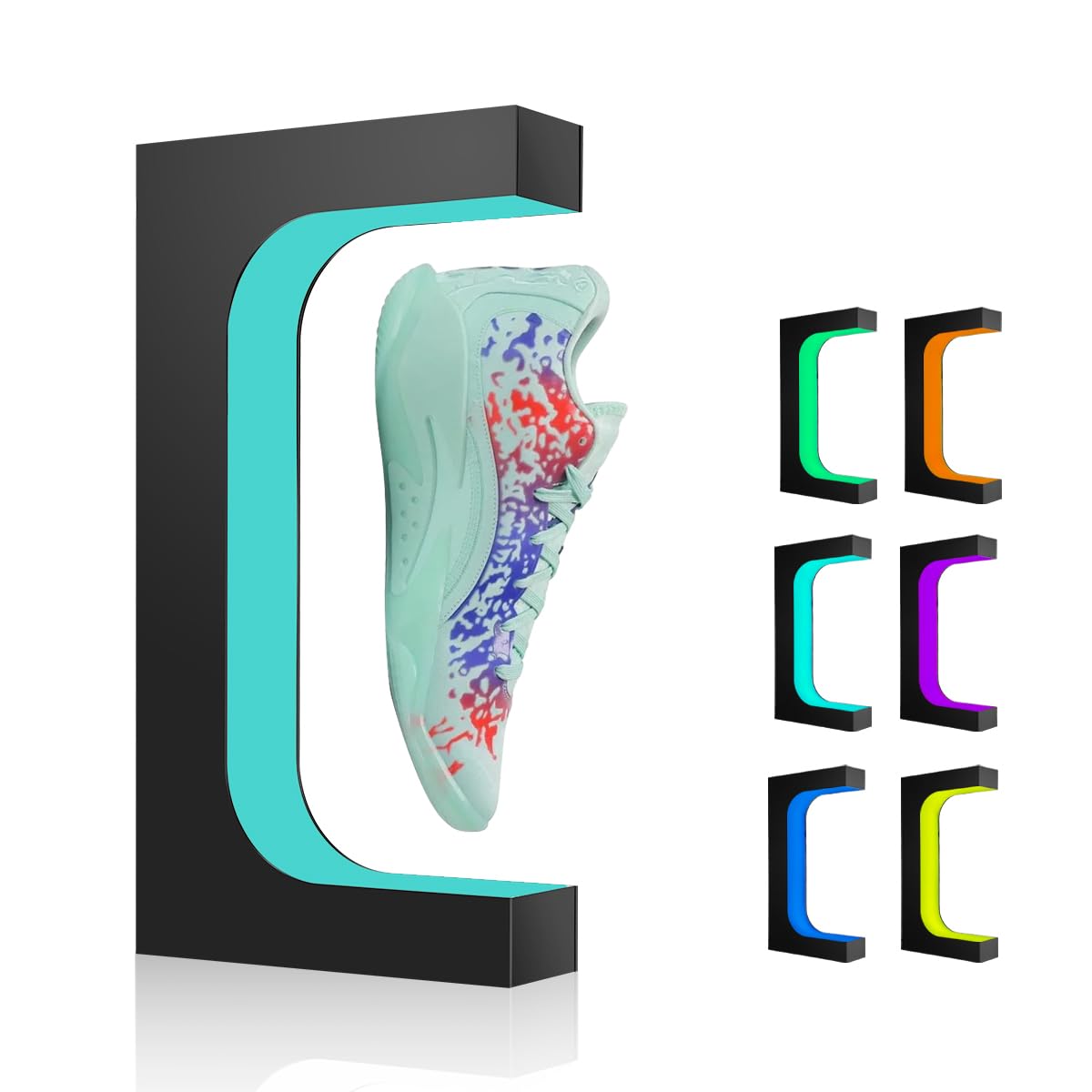 UKESULT Levitating Shoe Display Stand,Black Magnetic Floating Sneaker Shoe Rack Holder,Riser Spinning Shoe Shelf with 16 Color LED Light for Storefront Advertising Display,Home Decor