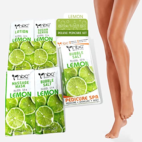 Pedicure Kit Deluxe 4in1 Foot Spa Treatment Bubble Salt Sugar Scrub Massage Cream Mask Lotion, Lemon