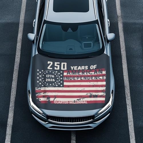 Image of America 250th Birthday Flag Car Hood Cover Elastic Fabric Car Hood Protector Removable Car Hood Accessories Suitable Most Automotive Sedans Pickup Trucks