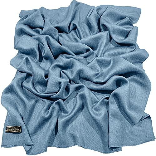 CJ Apparel Denim Blue Solid Color Fringe Design Nepalese Shawl Seconds Scarf Wrap Stole Throw Head Wrap Pashmina Hand Made in Nepal New2