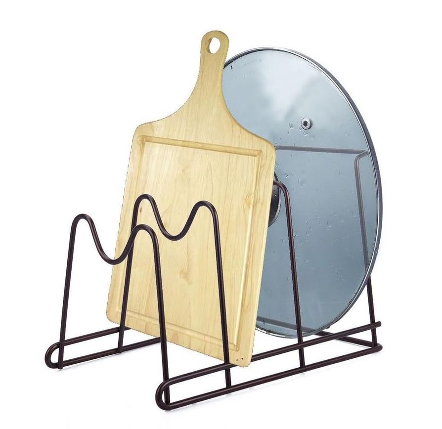 Image of Pan & Pot Lid Organizer Rack - Multifunctional Cookware for Cabinet, Pantry Chopping Board Holder, Space-Saving Kitchen Organizer, Black (6.5 x 7.5 x 7.75 Inches) (H-RACK)