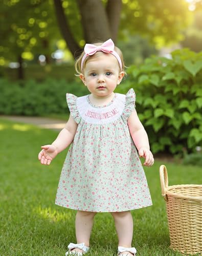 Toddler Baby Girl Christian Outfit Jesus Loves Me Dress Ruffle Sleeveless Smocked Floral Princess Dresses3