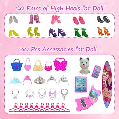 58 Puppen Kleidung Zubehör für 11,5 Zoll Puppen, Kompatibel mit Barbie Party Kleid 2 Prinzessinnenkleider 3 Stilvolles Kleider 3 Oberteile 3 Hosen 3 Badeanzüge 1 Hausrock 6 Slip Kleide 40 Zubehör