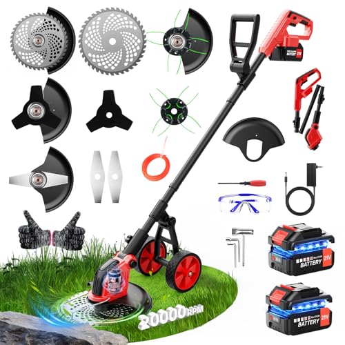6000mAh Electric Weed Eater Battery Powered,12″ Brushless Electric Weed Wacker Cordless Wheeled...