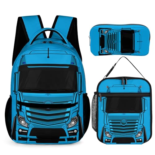 ZCJB-WSRY Mochila de caminhão com lancheira e estojo, 40,6 cm com tema de caminhão legal, ajustável, leve, grande capacidade, conjunto de mochila de carro colorido para crianças, meninas, meninos e