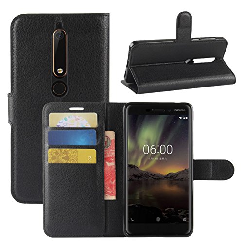 Nokia 6.1 2018 Case, Nokia 6 2018 Case, Fettion Premium PU Leather Wallet Flip Phone Protective Case Cover with Card Slots for Nokia 6.1 2018 Smartphone (Black)