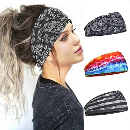 Urieo Boho Yoga Headbands Black Non Slip Sweatband Running Hair Bands Fitness Head Scarf for Women and Girls (Pack of 3)
