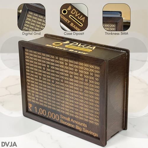 Image of Money Bank Wooden Piggy Bank for Kids & Adults, Coin Box with Carved Design, Savings Box, Mini Bank, Wooden Coin Box, Money Saver, Piggy Bank with Numbers (Brown)