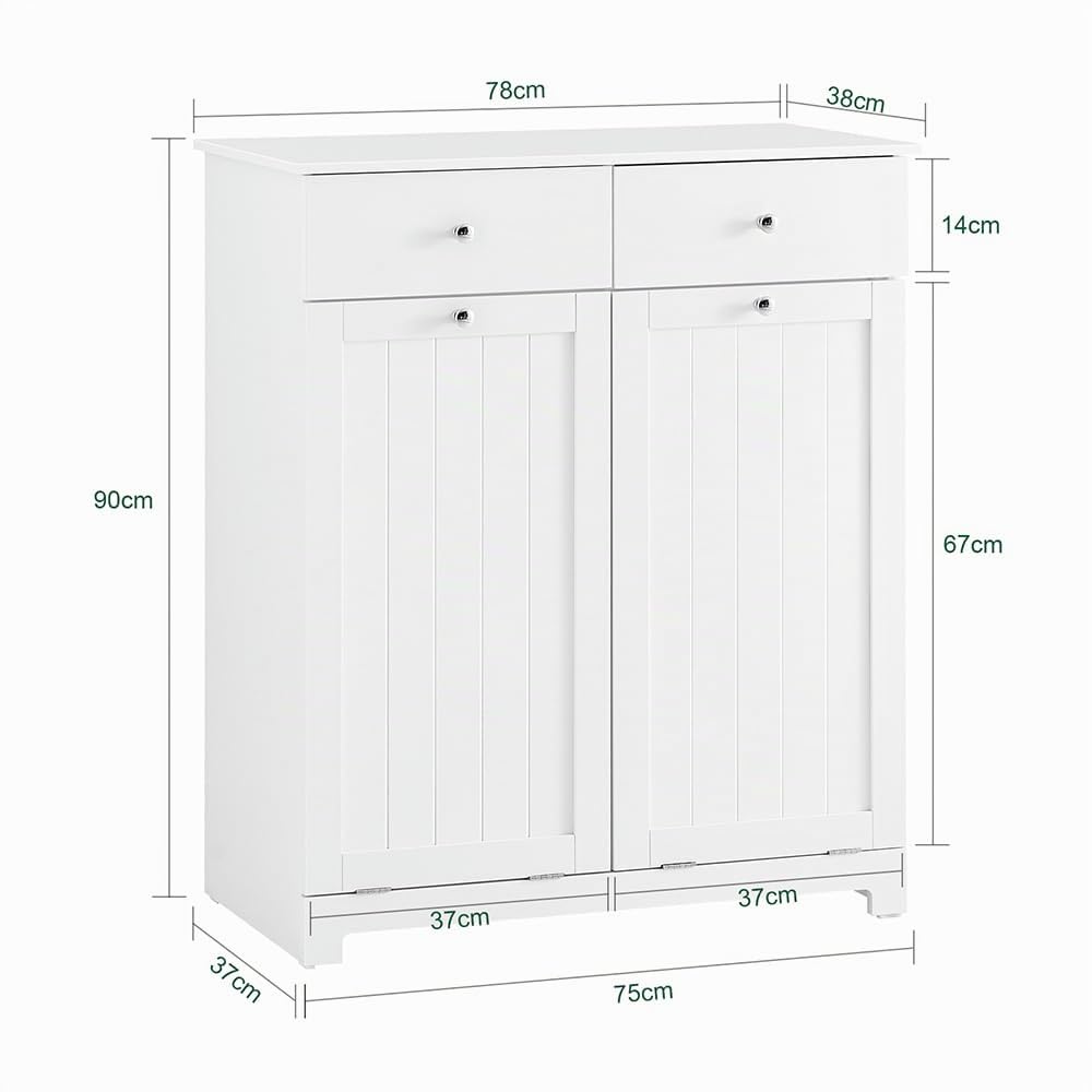 SoBuy Mobile Lavanderia in Legno Mobile Bagno con Portabiancheria a 2 Cassetti e 2 Ceste Bucato Rimovibili 90L Cassettiera Robusta Armadietto Salvaspazio per Famiglia Bianco 78x38x90 cm BZR33-II-W