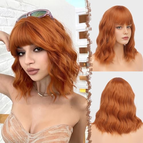 FESHFEN Perucas laranja escuro ondulado com franjas para mulher, 35 cm peruca Bob encaracolado curta sintética perucas de cabelo parte média comprimento do ombro de festa