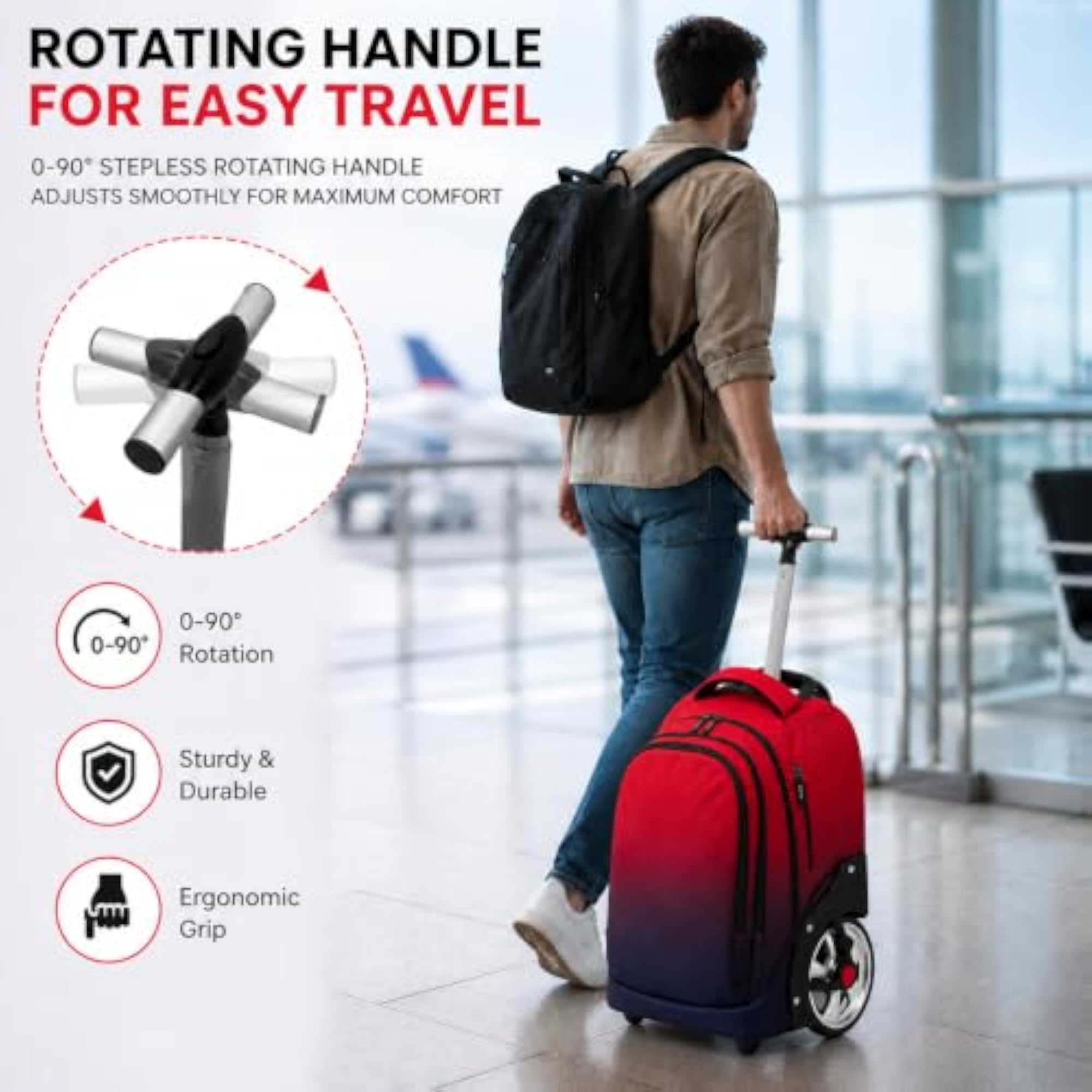 Rolling Backpack with Wheels, 50L Capacity