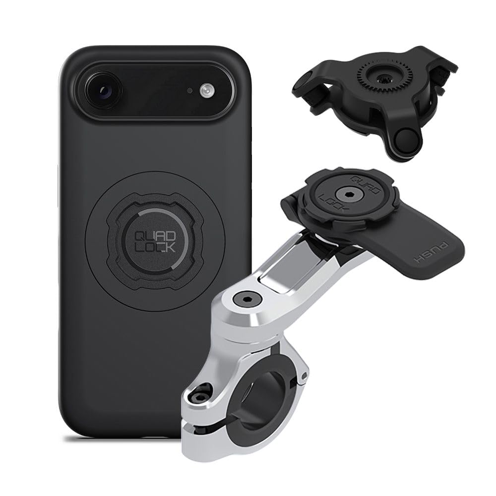 Quad Lock Motorcycle Handlebar Phone Mount PRO Chrome - Large with Vibration Dampener and MAG Phone Case for iPhone 17 Air