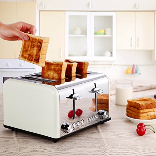 Toaster 4 Slice, CUSIBOX Retro Stainless Steel Extra Wide Slots Toaster with Bagel, Defrost, Cancel Function, 6 Bread Shade Settings, 1650W, Cream - Thumbnail 3