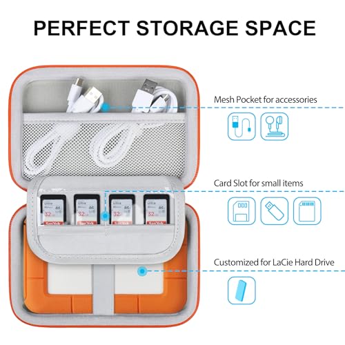 Image of Lacdo Hard Drive Carrying Case for LaCie Rugged Mini /Rugged External Hard Drive Portable HDD 1TB 2TB 4TB 5TB USB 3.0 2.0 Hard EVA Shockproof Protective Storage Holder Travel Bag, Black+Orange