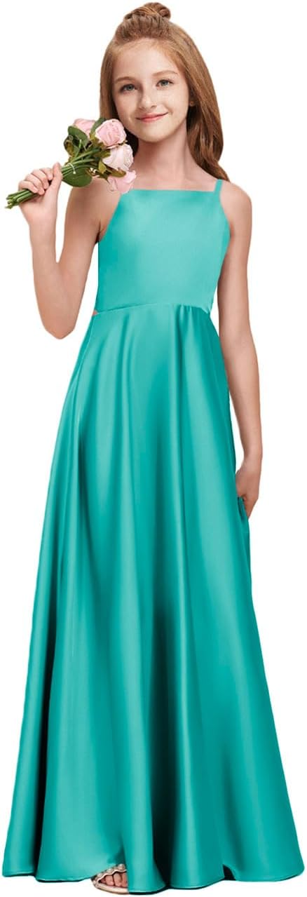 MRHUSH Junior Bridesmaid Dresses for Teen Girls Formal Dress Bow Knot Flower Girl Dress Satin Straps Wedding Prom Gown A-Line