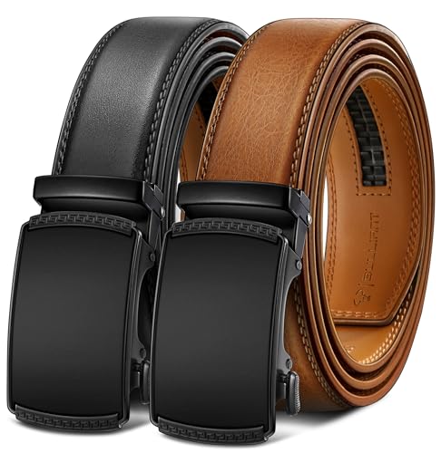 Image of BULLIANT Men's 2-Pack Ratchet Leather Belt Trimmable 1 3 /8 inch-Gift Boxed