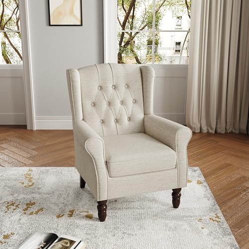 UIXE-High-Back-Accent-Chair-Upholstered-Armchair-in-Fabric-Retro-Wingback-Arm-Chair-for-Living-Room-Comfy-Single-Sofa-Bedroom-Reading-Seat-with-Solid-Wood-Legs-Beige UIXE High Back Accent Chair Upholstered Armchair in Fabric Retro Wingback Arm Chair for Living Room Comfy Single Sofa Bedroom Reading Seat with Solid Wood Legs Beige