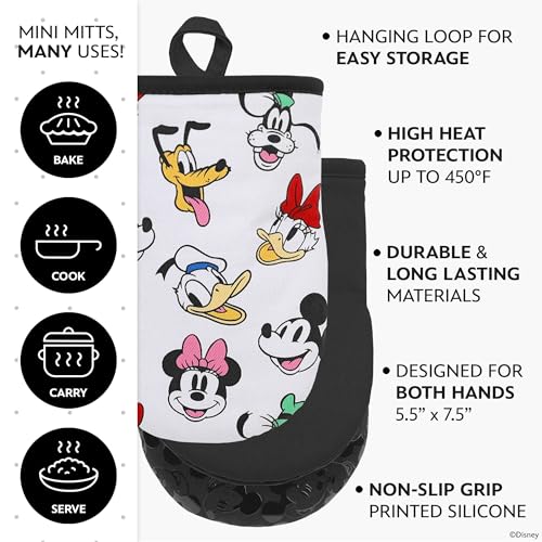 Image of Disney Mickey & Friends Mini Oven Mitts, 2-Pack, Heat Resistant 450F | Compact 5.5 inchx7.5 inch pot holders for kitchen, printed silicone offers non-slip grip, ambidextrous, hand wash or spot clean