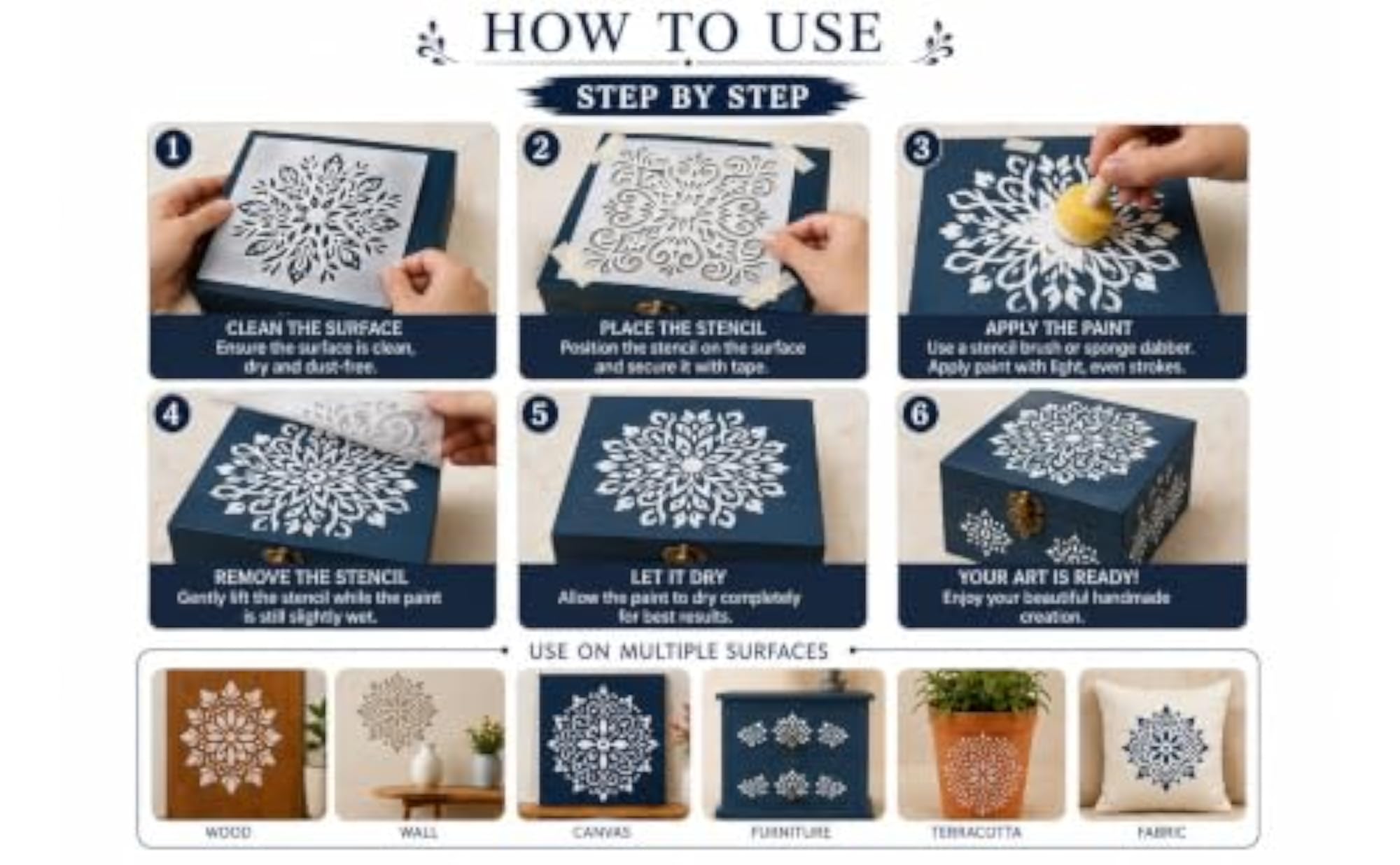6 Pcs Reusable Ornate Mandala Peacock Floral Mylar Stencils