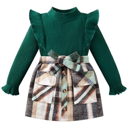 Image of Weixinbuy Toddler Girl Fall Winter Clothes Solid Long Sleeve Ribbed T-Shirt Knit Tops Plaid Button Mini Skirts Set Outfits