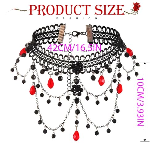 ACEDRE Gothic Lace Beads Choker Necklace Black and Red Retro Vampire Costume Collar for Women4