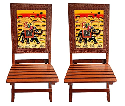Image of SAARTHI Rajasthani Dhola Maru Handmade Wooden Ethinic Antique Designer Folding Chairs and Table Set for Home| Decor| Office| Garden| Outdoor| Indoor| Balcony| Launge| Lawn| Cafe| Bar| Living Room| Bedroom Room| Childern Room Decor| Outdoor Sitting , Multicolour (2 Elephant Chair + 1 15 Inch Elephant Table)