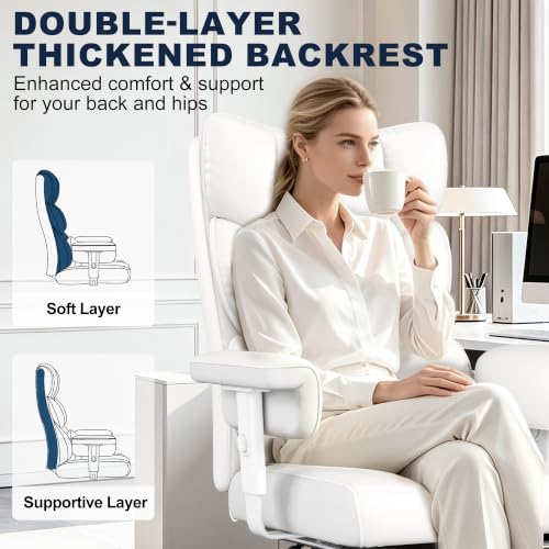 Image of Misolant Big and Tall Office Chair with Footrest, High Back Executive Desk Chair with Adjustable Lift Armrest, 155Recline,Lumbar Support Pillow, Faux Leather Gaming Chairs for Home All White