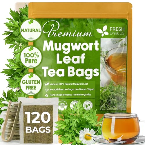 FRESHDRINKUS, Premium 120 Mugwort Leaf Tea Bags, 100% Natural and Pure Mugwort Leaves. No Sugar, No Caffeine, No Gluten, Vegan.