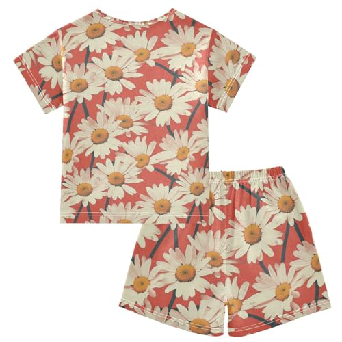 ALAZA Daisy Flower Red Pajama Set Short Sleeve Sleepwear Soft Lounge Nightwear2