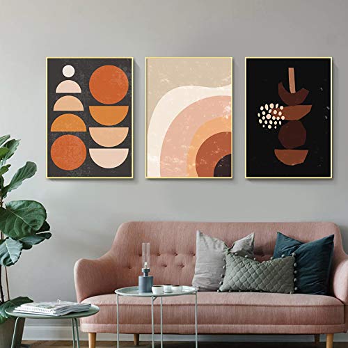 Art mural moderne abstrait triptyque Soleil Lune géométrique 70x100 cm avec 3 cadres