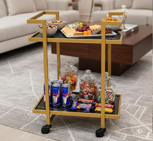 Image of Elegant Golden Iron Bar Cart Trolley with Wheels Serving Trolley for Home Kitchen Dining Hotel Restaurant Modern Furniture