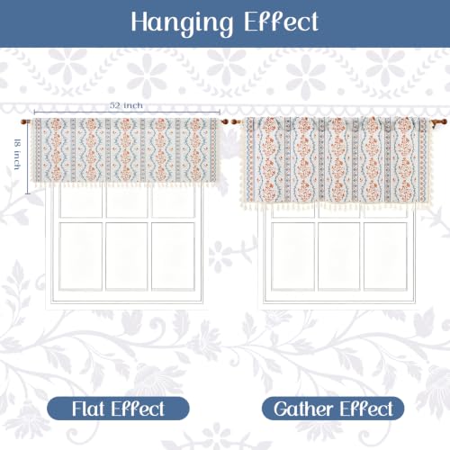 Image of Yinhua Boho Valance Curtains Vintage Linen Kitchen Valances for Windows Light Filtering Bohemian Floral Valance Rod Pocket Tassel Window Valances for Bathroom Cafe, 52 inch W X 18 inch L, Blue Orange Floral