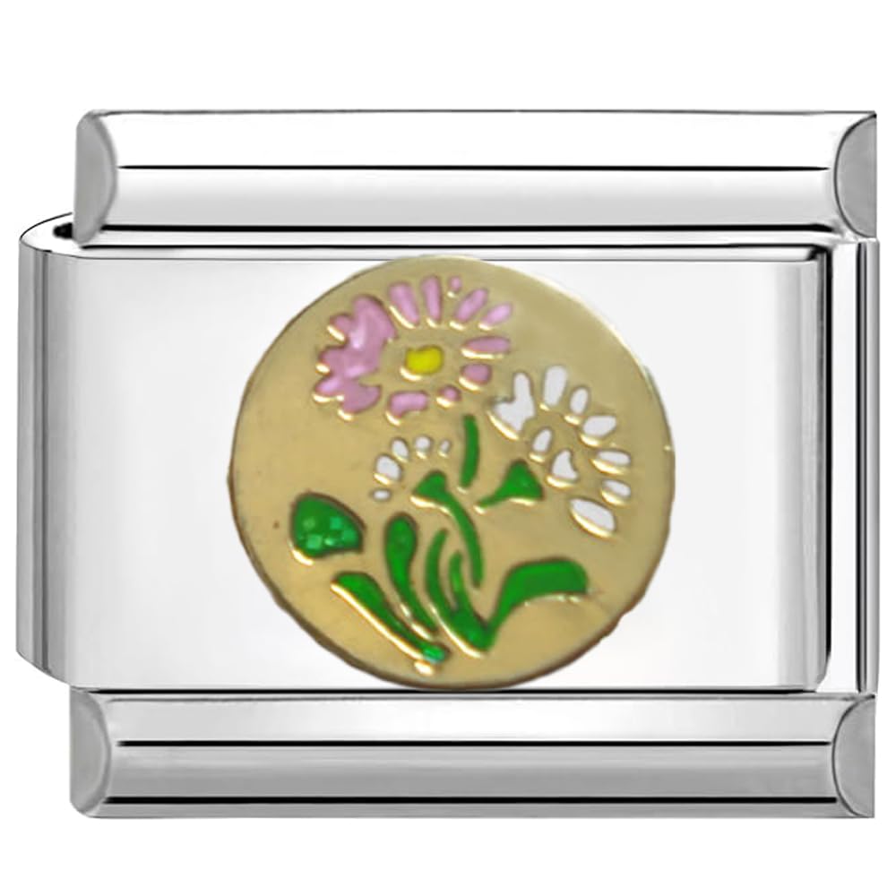 UNY JEWELItalian Charm 9mm Stainless Steel Pink and White Daisy Flower Design Modular Charm Link for Bracelets Unisex Jewelry