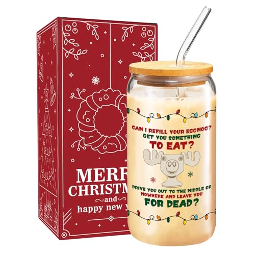 Christmas Vacation Gifts, Funny Christmas Glass Cup, 16 oz Glass Cup with Lid Straw & Cleaning Brush, Holiday Beer Coffee Drinking Glass Tumbler Party Supplies, White Elephant Gifts Stocking Stuffer