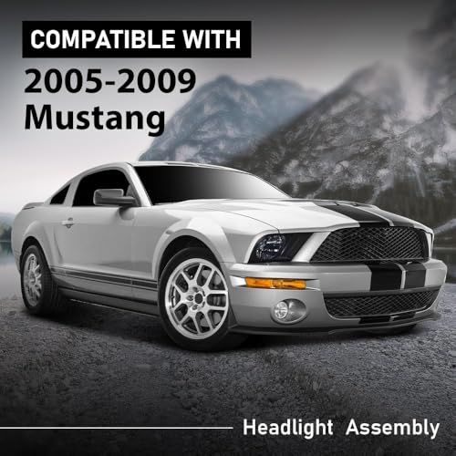 Image of G-PLUS Headlights Assembly, Compatible with Ford Mustang 2005 2006 2007 2008 2009 Bumper Headlamps, Left & Right Smoky Lens Black Housing Amber Reflector
