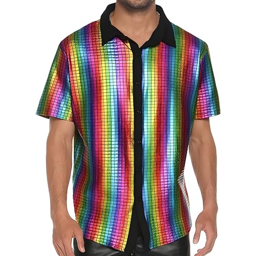 JIAHG Chemise à Pailletes Homme Disco Manches Courtes Vintage Haut à Sequin Étincelant des années 70 Chemise à Boutons Col à Revers Danse Bal Soirée...