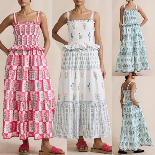Image of Women Y2k Boho Maxi Dress Tie Shoulder Backless Strappy Tiered Flowy Dress 2024 Summer Floral Beach Sundress