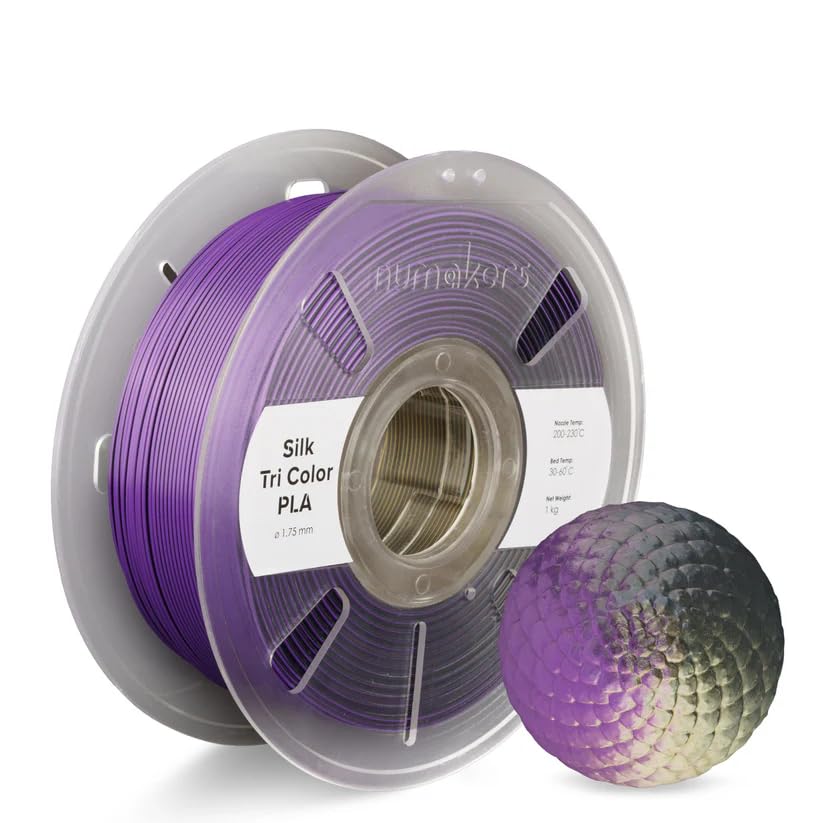 Image of Numakers Tri-Color Silk PLA Filament 1.75mm 1kg | Premium Glossy PLA for 3D Printing | Smooth Shine Vibrant Triple Tone Color Shifts | Easy to Print High Detail Finish (Black-Purple-Gold)