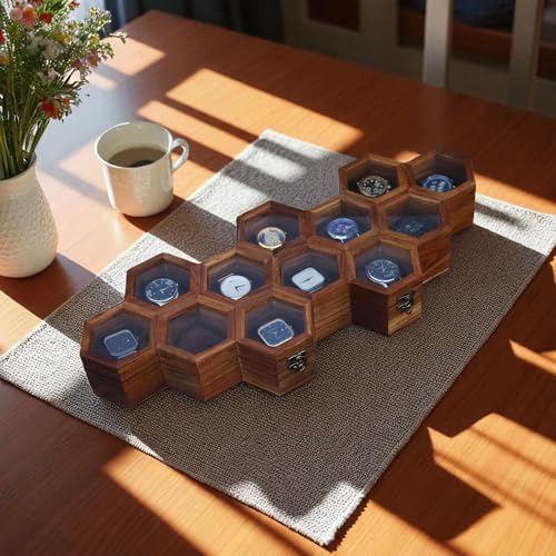 Image of Vintage Wooden Watch Box for Men, Timepiece Display Case, Honeycomb Watch Storage & Organizer, Jewlery Box for Women, Anniversary Gift For Husband (12 Compartments)