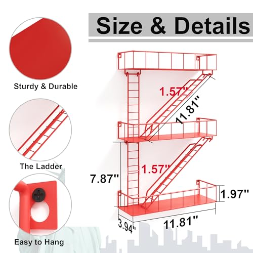 Image of Red Metal Fire Escape Wall Shelf, Unique Decorative Shelves for Wall, New York Shelf Ladder Storage, Funky Knick Knack Shelf Organizer, Industrial Wall Shelves for Bathroom, Living Room