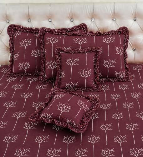 Image of VOMZER 5-Piece Premium Printed Bedsheet Set 300 TC King Size | Cotton Blend Modern Design Flat Bedsheet, Maroon Tree