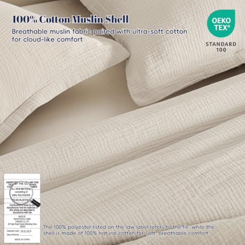 Image of PHF Cotton Muslin Comforter Set Queen - 100% Cotton Cover, Ultra Soft & Breathable, 3PCS Lightweight All-Season Bedding with Polyester Fill, 1 Comforter 90 inchx90 inch & 2 Pillow Shams 20 inchx26 inch, Natural
