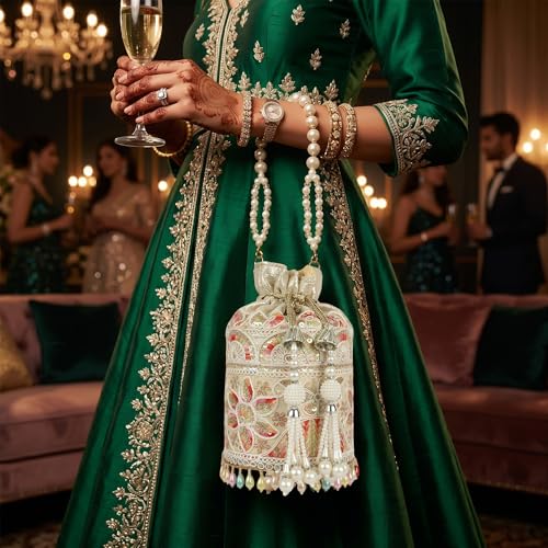 Image of Nevis Silk Fabric Embroidered Potli Bag with Pearl Beaded Handle | Designe Ethnic Drawstring Clutch for Wedding, Festive