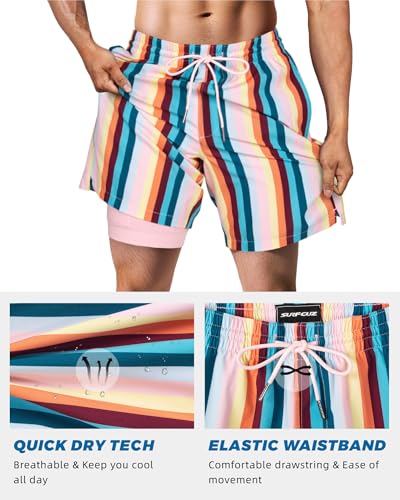 Image of SURF CUZ Mens Swim Trunks with Compression Liner Swim Shorts 7 inch Swimming Trunks Stretch 7 Inch Swim Suits Quick Dry