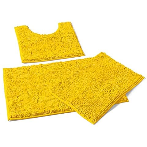 LuxUrux Bathroom Rugs 3pc Non-Slip Shaggy Chenille Bathroom Mat Set, Includes U-Shaped Contour Toilet Mat, 20 x 30'' and 16 x 24'' Bath Mat, Machine Washable (3 Pc Set - Style A, Lemon) Cover