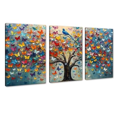 Wall Art for Living Room - Set of 3 Tree of Life Wall Decor Graffiti Butterfly Canvas Painting Abstract Butterflies Prints Colorful Tree Pictures Modern Home Bedroom Decoration, Framed 24"x36"x3pcs