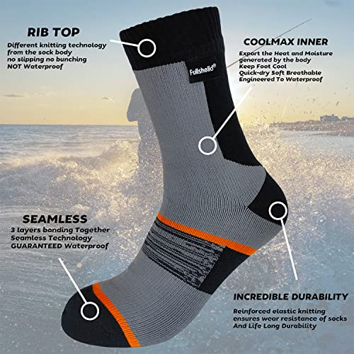 Fullsheild 100% Waterproof Hiking Socks For Men Women Cold Weather Outdoor Athletic Mid-Calf Gear Camping Trekking Skiing Fishing Camping Black&Grey Extra Large #TOP3
