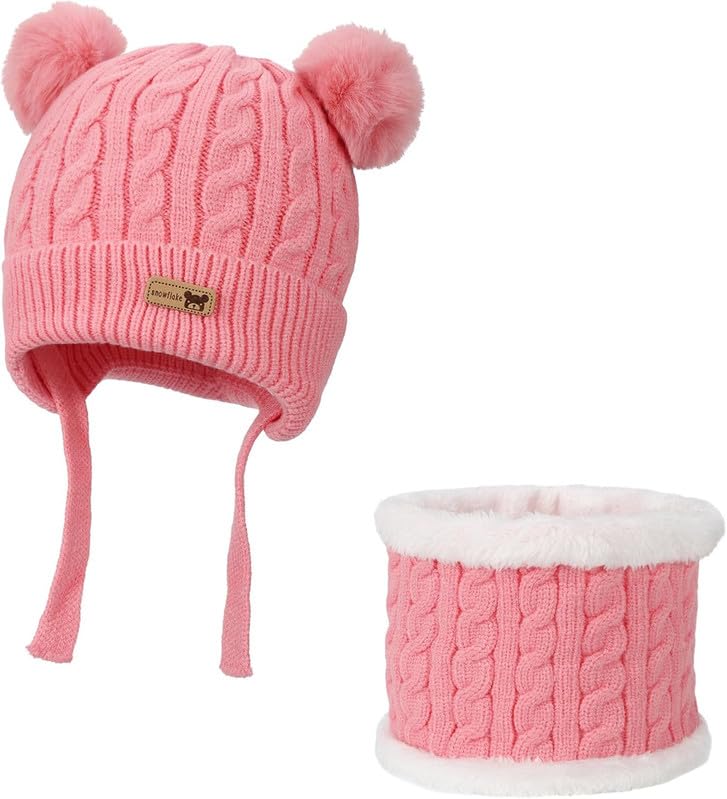 MIKONIKO Kids Winter Hat Scarf Set for Girls & Boys | Toddler Knit Beanie Cap & Neck Warmer | Warm Fleece Lined | Soft & Comfortable | 2–6 Years Pink, 1 Count 1